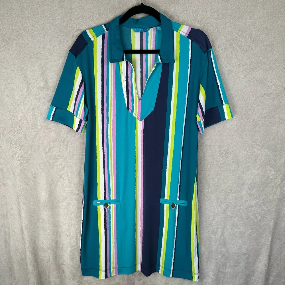 Tori Richard Honolulu Dress Women Large Teal Striped Short Sleeve Pockets V Neck